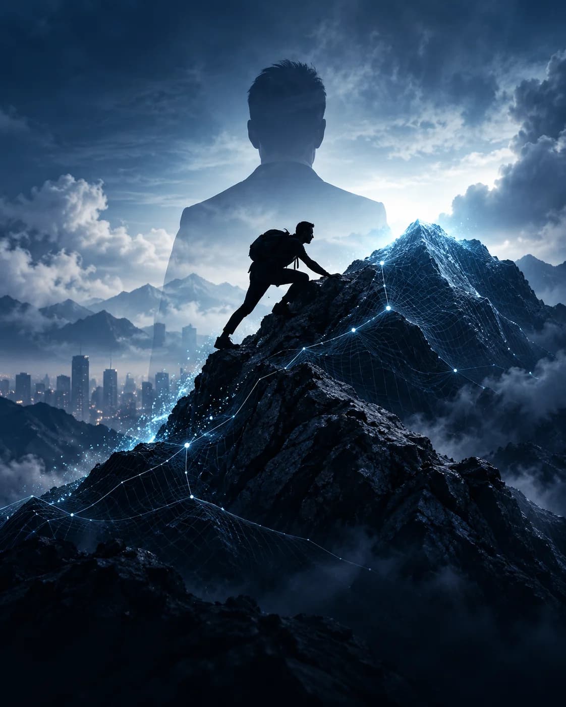 A climber ascending a mountain illuminated by ice-blue digital networks